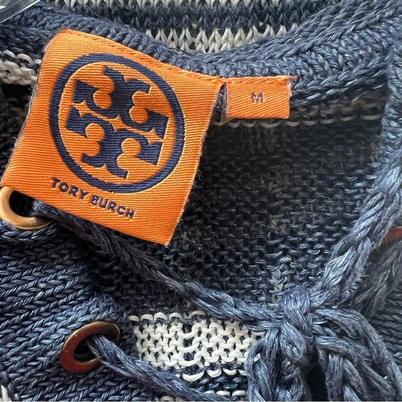 Tory Burch Stripe Linen Pullover Hooded Sweatshirt - Picture 6 of 8